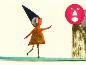 Collage mit geschnittenen und gezeichneten Elementen. Links ein kleines Geschöpf mit spitzem Hut, rechts oben ein pinkes, rundes, staunendes Gesicht mit goldenem Körper