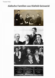 Titel und drei alte schwarz-weiß Fotografien von Familien, sowie eine Fotografie von drei Stolpersteinen